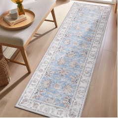 TOPICK Rug 60 x 180 cm Doormat in Used Look Blue Flowers Kitchen Vintage Rug Runner Rug Hallway Chenille Print Floor Cover Indoor Thin Rug Retro Accent Rug Non-Slip Living Room Office