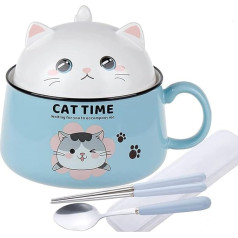 lachineuse - Ramen Bowl Kawaii Cat with Lid - Cat Time Ramen Bowl 1020 ml - Noodle Soup Bowl - Noodle Bowl - Cereal Bowls with Handle - Colour Blue