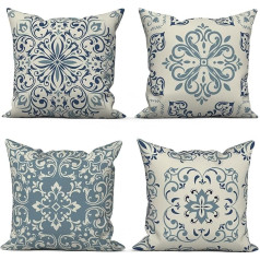 ASDCXZ Boho Cushion Cover, 45 x 45 cm, Set of 4, Retro Datura Flower Pattern, Beige Blue Sofa Decorative Cushion Covers, Washable Polyester Flax Textile, Outdoor Cushion Cover, Cushion Cover