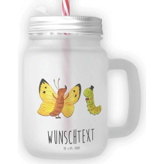 Mr. & Mrs. Panda Personalised Drinking Glass Mason Jar Caterpillar Butterfly - Personalised Gifts, Desired Text, Good Mood, Lemon Butterfly