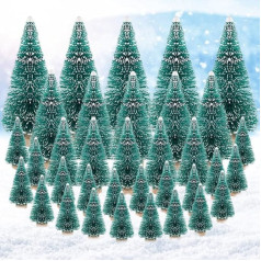 BUENTYA 35 Pieces Miniature Christmas Trees, Artificial Snow Frost Trees, Mini Sisal Snow, Frost Trees, Tiny Pine Trees with Wooden Base, Green Sisal Trees for Christmas Party