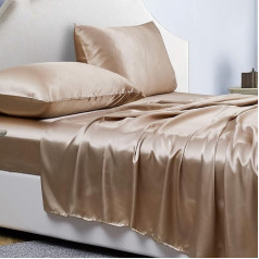 Jemiipee Fitted Sheet 4-Piece Satin Shiny Plain 135 x 190 cm for Mattresses up to 36 cm, Flat Sheet Set with Flat Sheet, Fitted Sheet, 2 Pillowcases - Khaki
