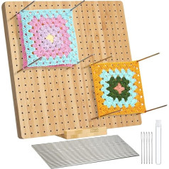 Granny Square Tensioner, Locking Board for Granny Square, Wooden Blocking Board Crochet, 11 inch, 20 Steel Needles, 5 Knitting Needles, Square Blocking Board, Crochet Blocking Board Kit