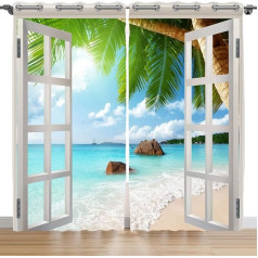 Violetpos 245 x 140 cm, White Window Beach Palm Trees Sea Curtains, Opaque, Set of 2 Blackout Curtains with Eyelets for Bedroom, Living Room