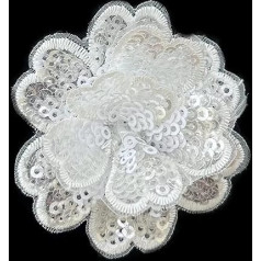 White Embroidery Flowers Sew On Organza Lace Applique Badge Wedding Bridal Dress DIY Headpiece Embellishment (2 Ply Sequins, 60mm Wide) 10 Pieces