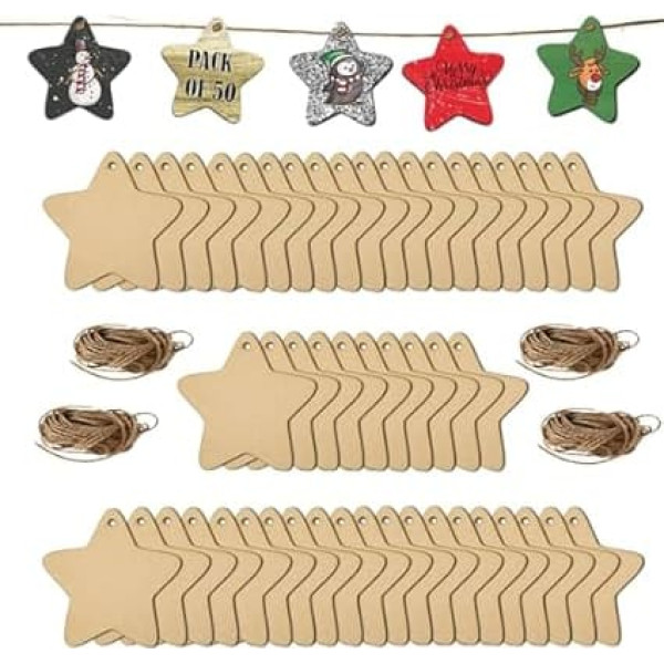 10-30-50 Pieces Wooden Poinsettia Ornaments Wooden Stars Embellishments with String for Christmas Crafts - Ideal for Perfect Tree Decorations and Christmas Crafts Supplies (50)