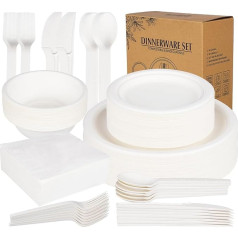 ilauke 170-Piece White Paper Tableware Set, Compostable Ecological Paper Plates and Cutlery Set, for Camping Party and Picnic Set Including Plates, Spoons, Forks, Knives, Napkins, Bowls