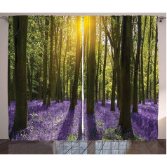 ABAKUHAUS Urwald Rustic Curtain, Bluebell Flowers, Bedroom Ruffle Tape Curtain with Loops and Hooks, 280 x 175 cm, Purple Green