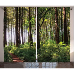 ABAKUHAUS Forest Rustic Curtain, Bushes and Thick Trunk, Bedroom Ruffle Tape Curtain with Loops and Hooks, 280 x 175 cm, Green Brown