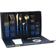 rismart Stainless Steel 24-Piece Cutlery Set Silver Cutlery with Knife, Coffee Soup Teaspoon, Forks Gold Blue