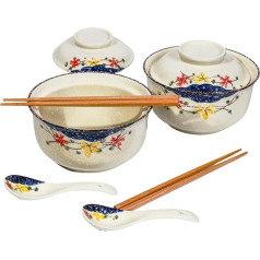 Ceraozmus Ceramic Ramen Bowl Set, 800 ml, with Lid, Spoon and Chopsticks, Japanese Vintage Large Soup Bowls, Instant Noodle Bowl, Asian Tableware (Colour x 2)