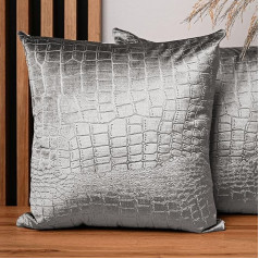 Set of 2 cushion covers, 60 x 60 cm, light grey, square, made of velour fabric with crocodile leather pattern, with zip, decorative cushion covers for cushions 60 x 60 cm, decorative bedroom, living