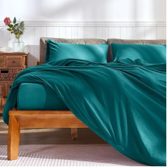 CHUN YI Double Bed Duvet Cover Set, 100% Washed Microfibre, Plain Duvet Cover Set with Zip Closure and 8 Corner Ties, Breathable and Ultra Soft Duvet Cover with Pillowcases (Teal,