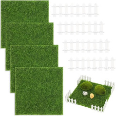 Giantree Pack of 4 Artificial Grass Miniature Garden, 15 x 15 cm, Miniature Garden Decoration, Artificial Grass, Miniature Outdoor with Fences, Artificial Grass, Grass Mat, Micro Landscape for Bonsai