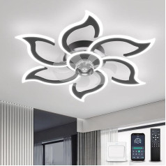 YOLEDY Ceiling Light with Fan, Quiet with Remote Control, 88 cm Bedroom Lamp with Fan, Flower Shape Design, LED Ceiling Fan with Lighting, Dimmable DC Motor, Winter Operating, Black