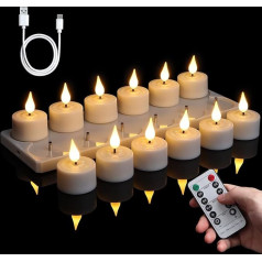 FREEPOWER 12 Rechargeable LED Tea Lights with Charging Station, Remote Control and Timer, Electric Rechargeable Candles Flickering Warm White Dimmable, Tea Light with USB Cable, Diameter 4 x 5.5 cm