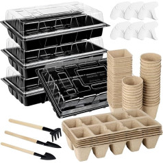 Aodaer 4 Peat Pots for Seedlings Seed Starter Kit with Plastic Grow Trays, Paper Seedling Cups, Tool Plant Labels, Germination Tray, Seed Starter Tray for Vegetables, Herbs