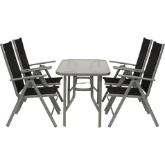 DEGAMO Ravenna Set of 5, 4 x Aluminium Folding Chairs, Multi-Adjustable, Black, 1x Glass Table 70 x 120 cm, Outdoor