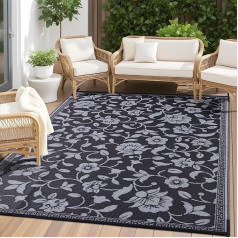 OLANLY Wasserdichter Outdoor-Teppich, 1,8 x 2,7 m, Kunststoff-Strohteppich mit Blumenmuster, wendbare Wohnmobil-Matte, großer Terrassenteppich für Terrasse, Camping, Balkon, Deck, Hinterhof, Schwarz