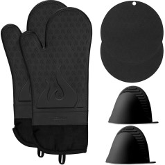 GEEKHOM Oven Gloves Pot Gloves Set, Silicone Heat Resistant Non-Slip Cooking Gloves with Pot Holders, Coasters, Oven Gloves, Waterproof Gloves for Barbecue, Baking, BBQ