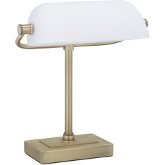 Relaxdays Banker Lamp, Tilting Glass Shade, Metal Base, E14, Desk Lamp, Retro, Library Lamp, White/Brass, 33 x 26 x 20 cm