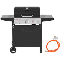 Royal Gourmet Gas Barbecue Trolley 3 Burners 9 kW Camping Gas Stove with Hotplate, Garden Grill with Bottle Opener, Pressure Regulator and Gas Hose Cooking Grate Approx. 60 x 42 cm, Black
