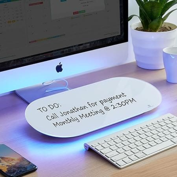 TSJ OFFICE Glass Desk Whiteboard - 43.2 x 17.8 cm, Small Dry Erase Board with Blue Light, Glass Whiteboard Surface Notepad with Drawer, Home, School Supplies