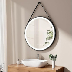 EMKE 80cm Round Bathroom Mirror with Touch Switch and Anti-Fog Function White Light 6500K Black Frame and Adjustable Shoulder Strap