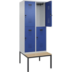 kaiserkraft | Doppelstock-Spind Evolo Plus Sitzbank | 2 Abteile | lichtgrau/enzianblau | B 800 mm | Sicherheits-Drehriegel | mit untergebauter Sitzbank | Buche