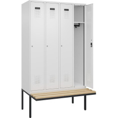 kaiserkraft | Spind Evolo Plus Sitzbank | 4 Abteile | weiß | B 1200 mm | Zylinderschloss | mit auskragender Sitzbank | Buche