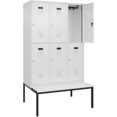 kaiserkraft | Doppelstock-Spind Evolo Plus Sitzbank | 3 Abteile | weiß | B 1200 mm | Zylinderschloss | mit untergebauter Sitzbank | Kunststoff