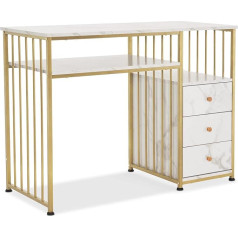 M Mcombo 2407 Desk with Drawers, Dressing Table without Mirror Marble White Gold, Nail Table Made of Wood, Metal Frame, Computer Desk Living Room Modern, 109 x 45.5 x 81 cm