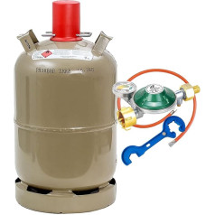 Propane Gas Bottle 11 kg Empty Grey with Hose 150 cm, Pressure Gauge Regulator 50 mbar and Gas Regulator Release with Magnet and Key 17 mm for Union Nut 1/4