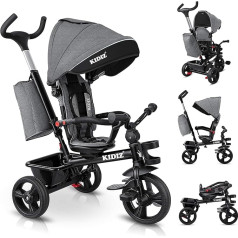 KIDIZ® Tricycle 5-in-1 Children's Tricycle with Push Bar Steering System Bar from 1 Year Forward and Reverse Ride Jogger, Basket Bag Drink Holder Sun Canopy Rubber Wheels, Buggy, Bicycle, Foldable