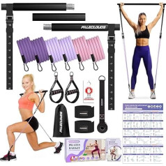 Pilates Stange, Pilates Bar Set mit 3 Paar Widerstandsbänder(20/25/30Lbs), Metall-Einstellung Schnalle & Ausbildung Poster, Pilates Skulptur Fitness Stange for Home Gym Workout Equipment(Frauen)