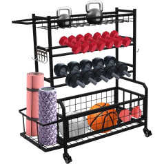 Storage Rack for Sports Equipment with Wheels, Yoga Mat Shelf, Adjustable Dumbbell Stand, Home Fitness Equipment Organiser for Yoga Mats, Dumbbells, Kettlebell, Foam Roller, Dumbbell Rack