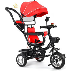 HUOLE Tricycle with Push Bar, Children's Tricycle, Balance Bike from 1 Years, with Push Bar + Awning & Removable Footrests & Reversible Seat, Anti-Blast Rubber Tyres 4-in-1 (Large Red)