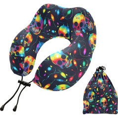 OWFKAY Reisekissen, neonfarbenes Totenkopf-Muster, Memory-Schaum, Nackenkissen, Kopfstütze, gemütliches, weiches Kissen, perfekt zum Schlafen, für Flugzeug, Auto und Zuhause