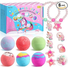 MeCids Bath Bombs for Children with Surprise Toy Inside, Pack of 6 Organic Bath Bombs with Bracelets and Rings, Bubble Bath Bombs Kit for Children Girls Birthday Christmas