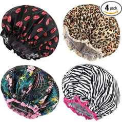 Silk Hair Cap for Women, Abeillo 4 Packs Double Layer Shower Caps Reusable Swimming Cap Waterproof Elastic Shower Hat Edge Covering Ears for Women Shower Spa Salon