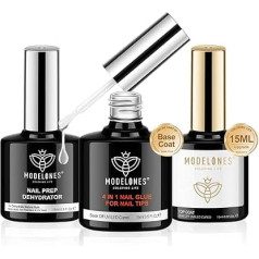 modelones 4 in 1 Nail Glue and Top Coat Gel UV and Nail Primer Set, 3 x 15 ml UV LED Gel Nail Polish Base Coat Top Coat UV, Nail Glue for Artificial Nails, UV Top Coat, Top Coat Nails, Gel Polish