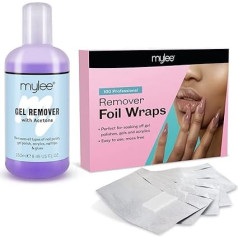 Mylee Gel Nail Polish Remover 250ml + 100pcs Alu Foil Wraps Kit, 100% Pure Acetone Soak Off UV LED Gel Polish Cleaner with Pre-Attached Lint Free Cotton Wipes Aluminium Foil Wraps