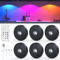 USB Rechargeable LED Spot Battery with Remote Control, Showcase Lighting LED Wireless with Timer Function, Under-Unit Light, Cabinet Lighting, Magnetic Light with Memory Function (Black, Pack of 6,