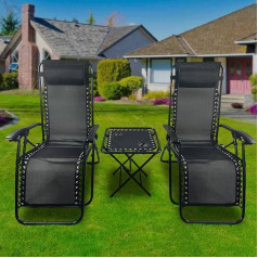 BIRCHTREE Set of 3 Adjustable Folding Chairs for Lounge, Patio, Sun Lounger, Cup Holder, Garden, Beach, Black