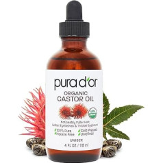 PURA D'OR Castor Oil (118ml) 100% Pure Natural Oil for Hair Growth, Eyebrows, Eyelashes, Cold Pressed Hexane Oil for Moisturising and Healing Dry Skin - Includes Bonus Brush Set