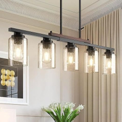 HvKvHvY Hanging Lamp Dining Table Black, Glass and Metal Pendant Light for Kitchen, 5 Lights Vintage E27 Lampshade Pendant Lamp Industrial 85 cm Wood Texture Living Room Lamp for Dining Room,