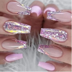 Pack of 24 Nails for Sticking, Medium Coffin, Pink & Purple Glitter French Artificial Nails, Acrylic Artificial Nails, Press on Nails with Nail Glue Sticker, Square Ballerina Fingernails, Fake Nails