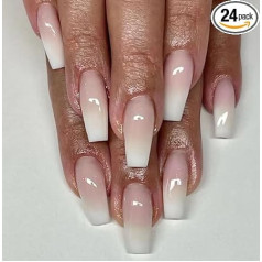 JUSTUSNX 24 Pieces Square White Gradient False Nails False Nails Long French Press on Nails for Women and Girls