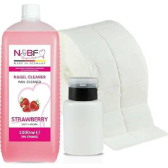 N&BF All for One Nail Cleaner with Strawberry Fragrance 1000 ml + Dispenser Pump Bottle (Black) + 1000 Cellulose Pads (2 Rolls of 500) 70% Ethanol Alcohol 1 Litre - for Gel Nails Nail Cleaner