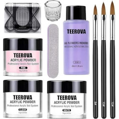 TEEROVA Acrylic Nail Set, Acrylic Powder and Liquid Professional Monomer Liquid Kit with Acrylic Nail Brush, Nail Shapes, Tips, 3 Colors Nail Powder Set
